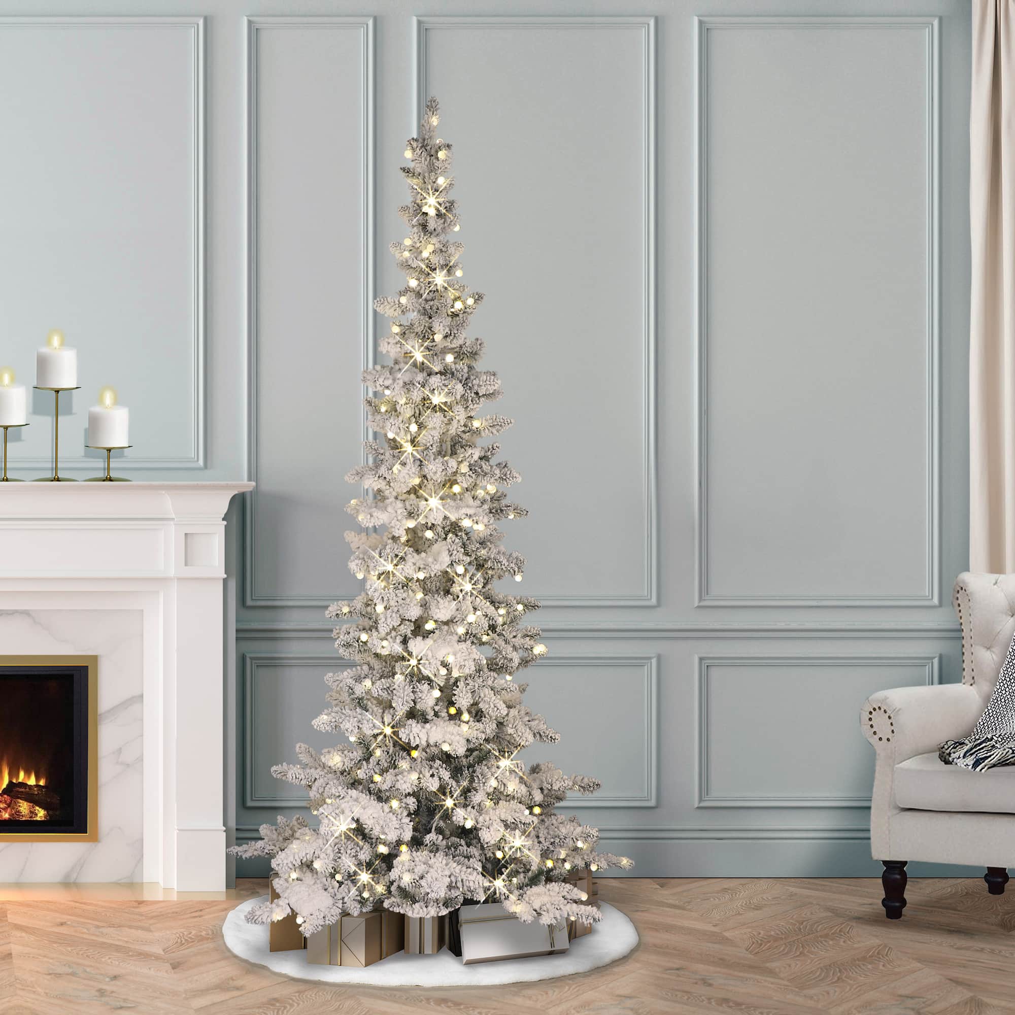 6.5 ft Pre-Lit Flocked Whistler Artificial Pine Tree, Warm White LED Lights